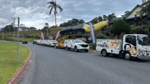 A fleet of Truck Tech vehicles outside NSW's iconic Big Banana.