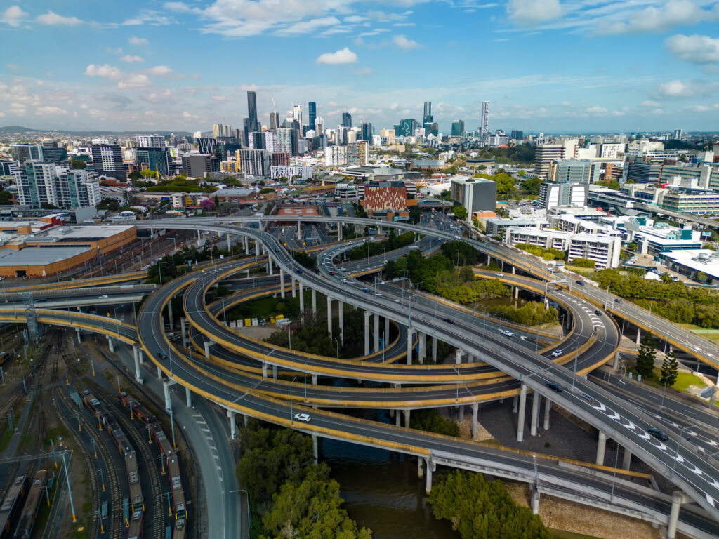 Aerial shot of Brisbane's highway traffic.