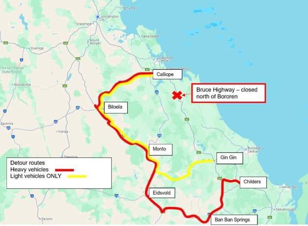 The current detour path for the Bruce Highway.