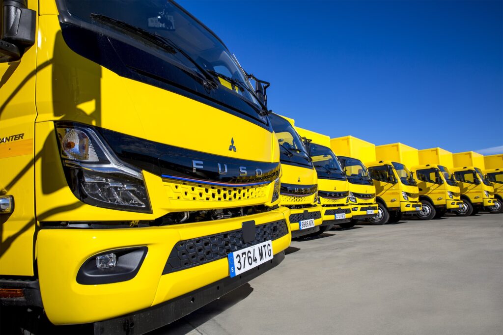 A line-up of all-electric FUSO eCanters.